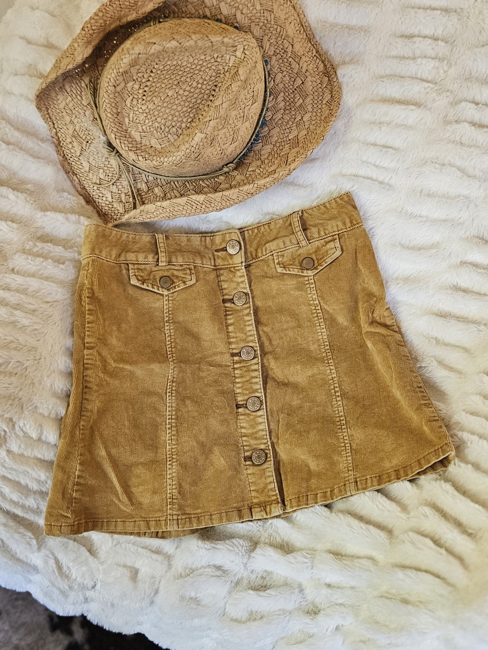 BDG Button-Front Corduroy Mini Skirt in Camel